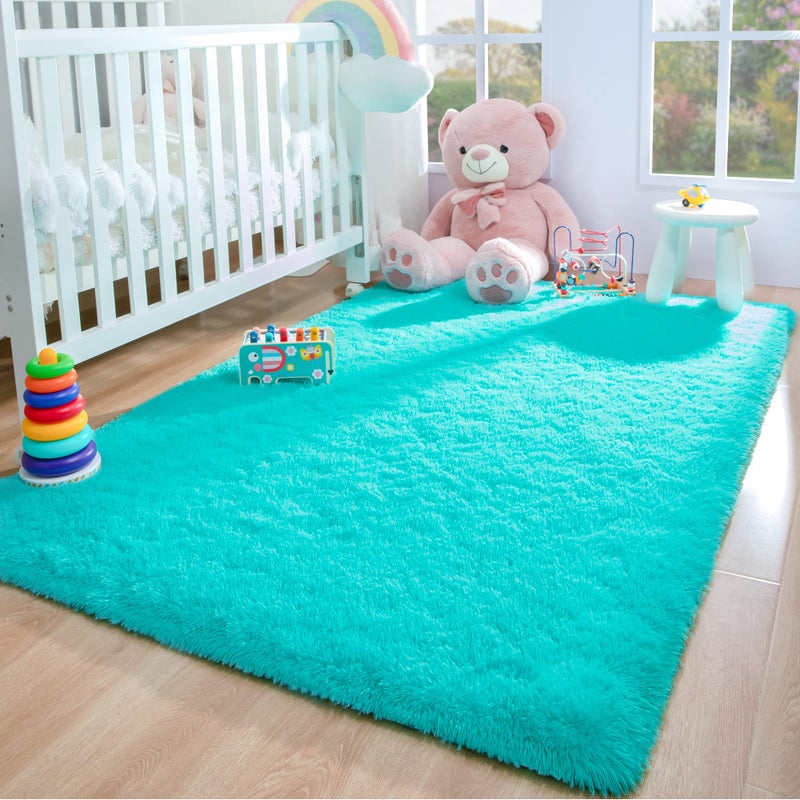 Foxmas Large Area Rugs for Living Room Bedroom 5x8 Feet, Fluffy Kids Room Plush Shaggy Nursery Rug Furry Throw Carpets for Boys Girls, College Dorm Fuzzy Rugs Home Decorate Rug, Teal - Image 4